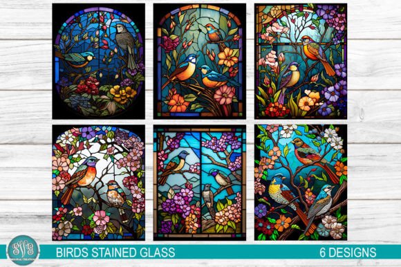 Download Birds on Flowers Stained Glass - Flowers Collection