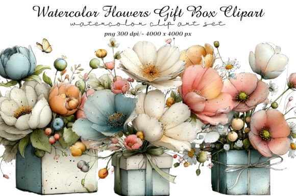 Download Watercolor Flowers Gift Box Clipart - Flowers Collection